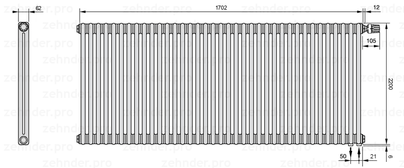 Схема (чертеж) Радиатор Zehnder Charleston 2220/37 №V002 Белый глянцевый RAL 9016